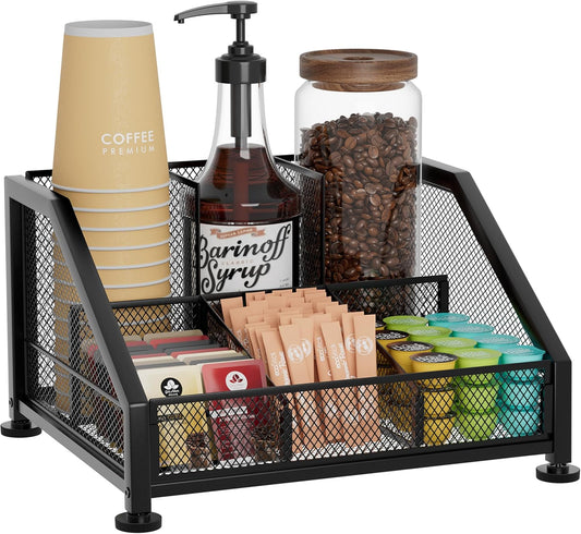 SWTYMIKI Coffee Bar Organizer for Countertop – Space-Saving Kcup Organizer with Tiered Shelves, Countertop Coffee Station for Pods, Sugar, Syrup, Cups, Stirrers, Mesh Condiment Storage