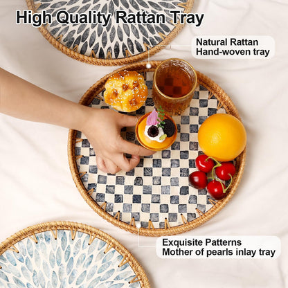 Round Rattan Tray with Mother of Pearl Inlay, Rattan Serving Tray for Coffee, Bread, Fruits, Decorative Wicker Tray for Table Decor, Home Decor, Kitchen Island Decor(Black Checkerboard, 11.8")