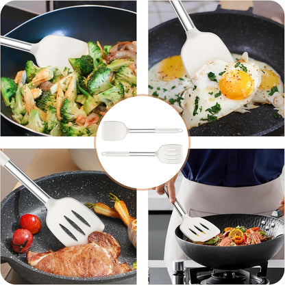 TeamFar Kitchen Utensils, 4 PCS Silicone Cooking Utensils Spatula Spoon Set with Stainless Steel Handle, for Frying Mixing Draining Turning, Healthy & Heat-proof, Non-stick & Dishwasher Safe - Black