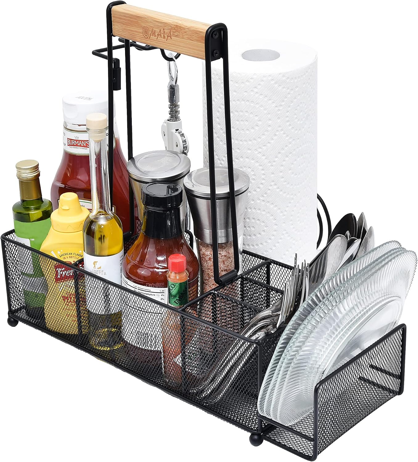 OMAIA BBQ and Grill Caddy with Paper Towel Holder, Wood Handle & 2 Hooks – Camper Accessories Condiment Caddy – Plates, Cutlery and BBQ Organizer for Camping Outdoor, RV - US Patent Pending
