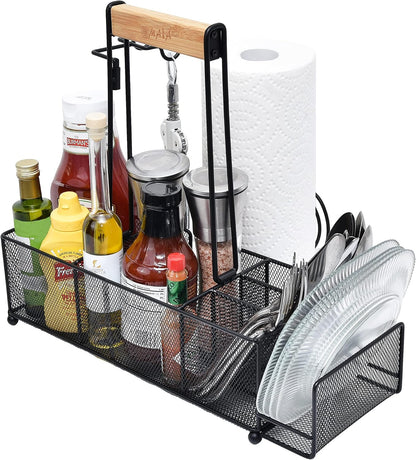 OMAIA BBQ and Grill Caddy with Paper Towel Holder, Wood Handle & 2 Hooks – Camper Accessories Condiment Caddy – Plates, Cutlery and BBQ Organizer for Camping Outdoor, RV - US Patent Pending