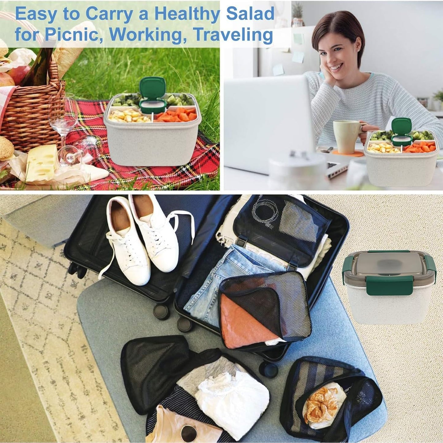 Freshmage Salad Lunch Container To Go, 52-oz Salad Bowls with 3 Compartments, Salad Dressings Container for Salad Toppings, Snacks, Men, Women (Blue)