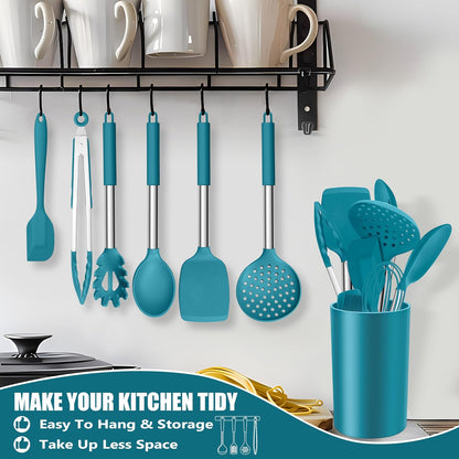 E-far 14 Pieces Silicone Cooking Utensils Set, Kitchen Utensils Set with Holder, Spatula, Ladle, Spoon, Tong, Slotted Turner for Nonstick Cookware, Heat Resistant & Stainless Steel Handle, Black