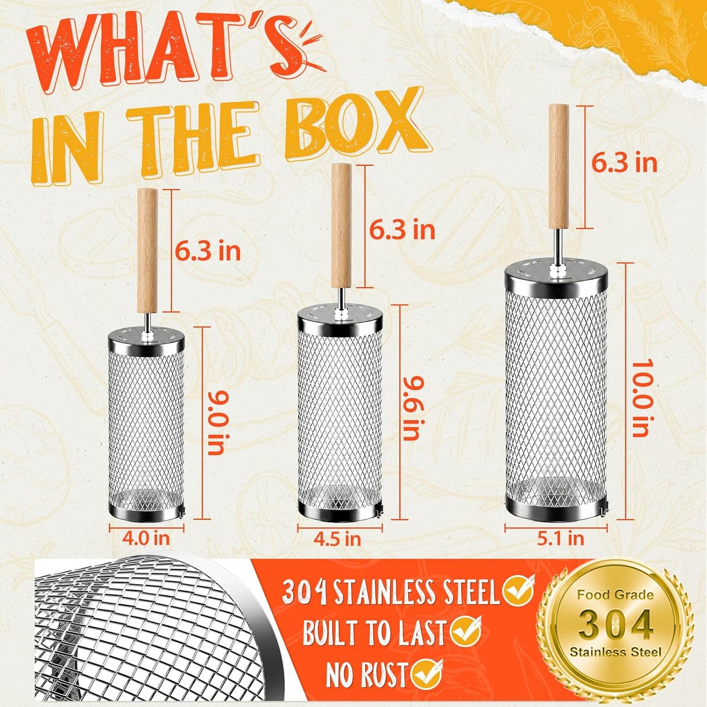 Rolling Grill Basket 2-Pack,304 Stainless Steel Grill Basket with Removable Wooden Handle,BBQ Tool & Smoker Accessory for Grill Rotisseries Veg & Shrimp,Ideal for Outdoor Cooking,Camping & Gifts for Dad/Husband/Men
