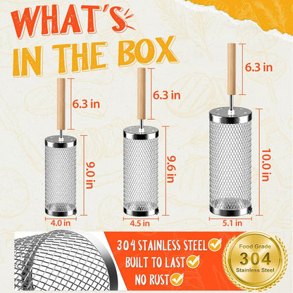 Rolling Grill Basket 2-Pack,304 Stainless Steel Grill Basket with Removable Wooden Handle,BBQ Tool & Smoker Accessory for Grill Rotisseries Veg & Shrimp,Ideal for Outdoor Cooking,Camping & Gifts for Dad/Husband/Men