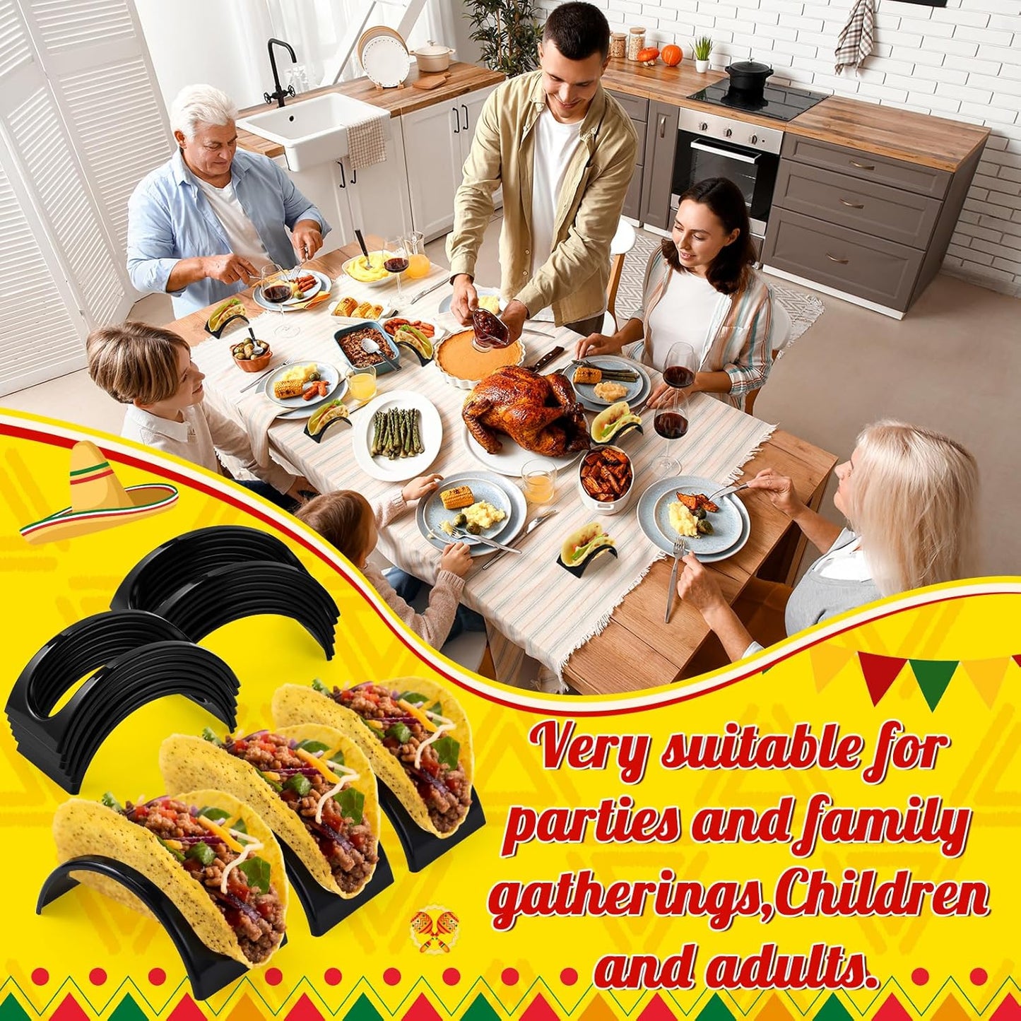 Baderke 24 Pcs Single Taco Holder Stand Black Plastic Tray Plates Mexico Taco Holder for Tuesday Night Carnival Backyard Party Supplies, Dishwasher Microwave Safe