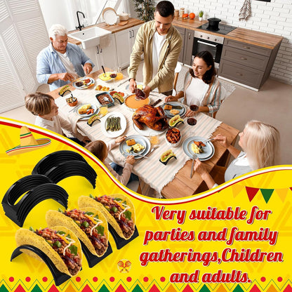 Baderke 24 Pcs Single Taco Holder Stand Black Plastic Tray Plates Mexico Taco Holder for Tuesday Night Carnival Backyard Party Supplies, Dishwasher Microwave Safe
