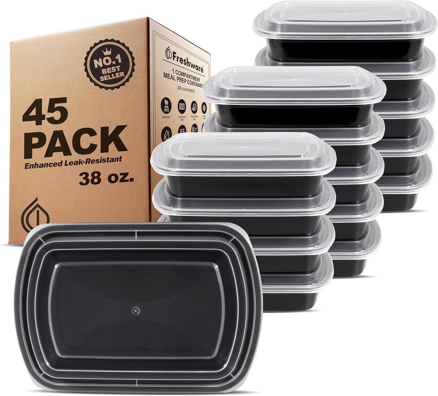 Freshware Meal Prep Containers 1 Compartment Food Storage Containers with Lids, Bento Box, BPA Free, Stackable, Microwave/Dishwasher/Freezer Safe (28 oz), 50 Count (Pack of 1)