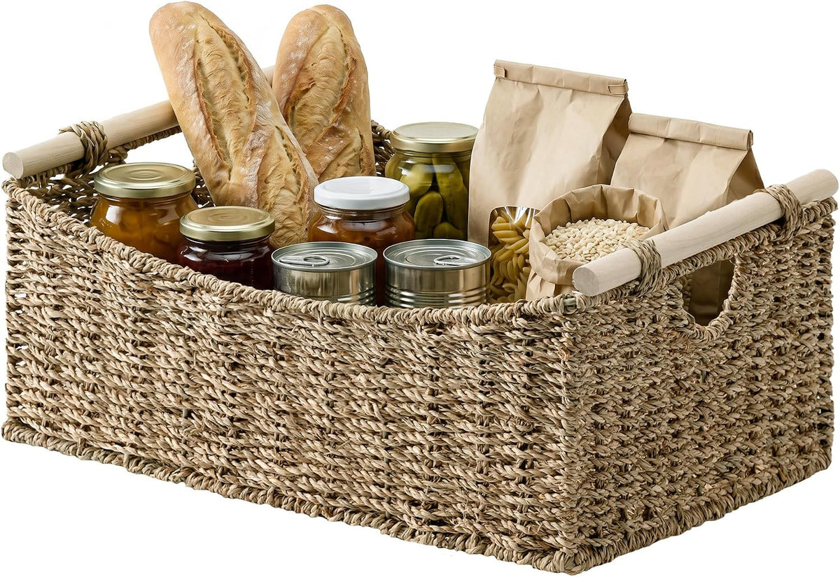 StorageWorks Wicker Baskets for Organizing, Water Hyacinth Storage Baskets with Handles, Woven Baskets for Pantry Storage, 13" x 8¼" x 7", 2-Pack