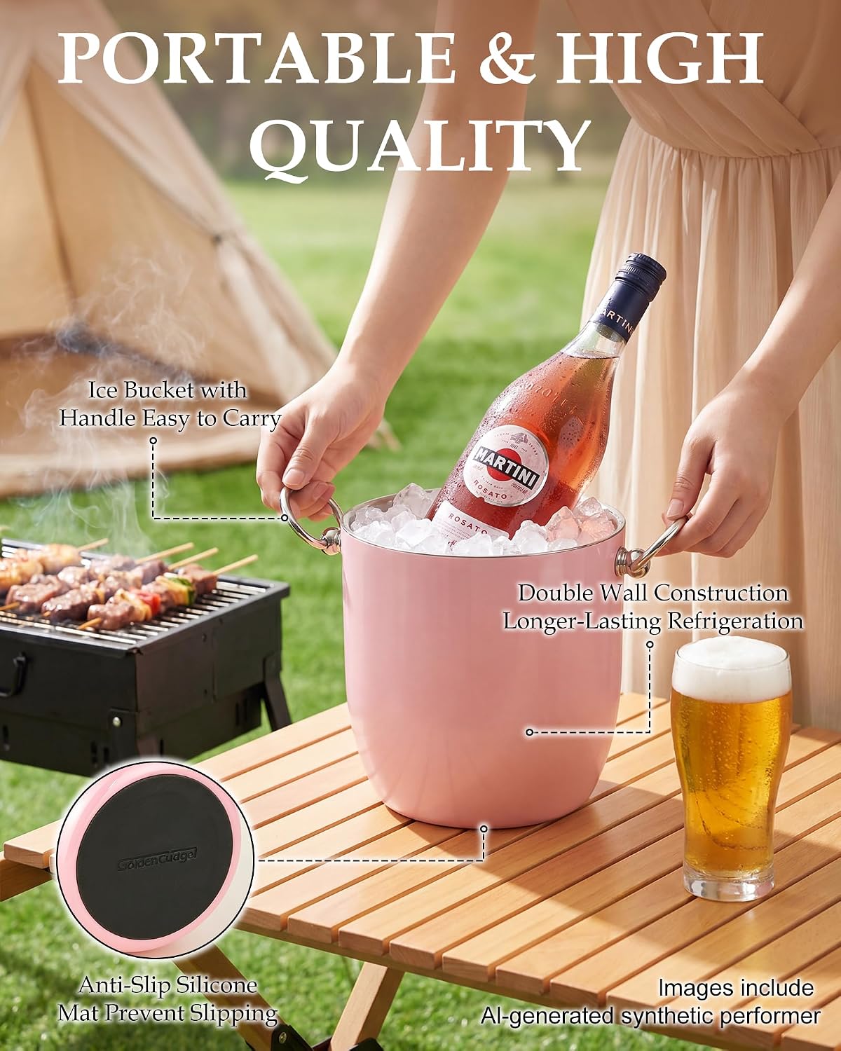 Insulated Ice Bucket, 3L Double Wall Stainless Steel Ice Bucket with Tongs,Lid, Scoop and Strainer, Ice Buckets for Parties,Cocktail Bars, Chilling Beer, Champagne, Wine Bottles
