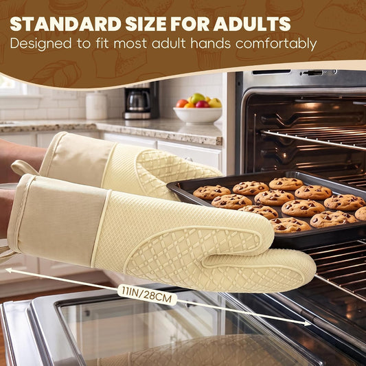 Silicone Oven Mitts,Heat Resistant, Oven Gloves with Soft Lining,Universal Fit Heat Resistant Kitchen Gloves for Baking, BBQ, Cooking and Grilling (Khaki)