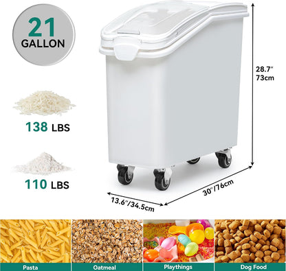 YITAHOME 50L/90lb Large Ingredient Flour Storage Bin, Commercial 11.4-Gallon Rice Storage Container 280 Cups Bulk Flour storage Bins with Wheels,Scoop,Lid and scale, Rice Bin for Kitchen, White