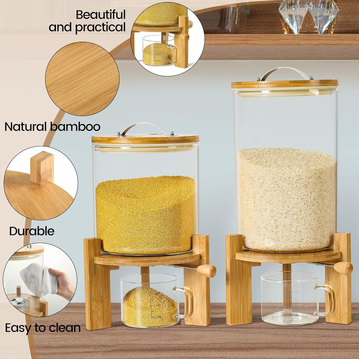 Rice Dispenser, Rice Storage Container：Flour and Cereal Container with Airtight Lid and Wooden Stand, Glass Food Storge Container for Kitchen Organization and Pantry Store (8L)