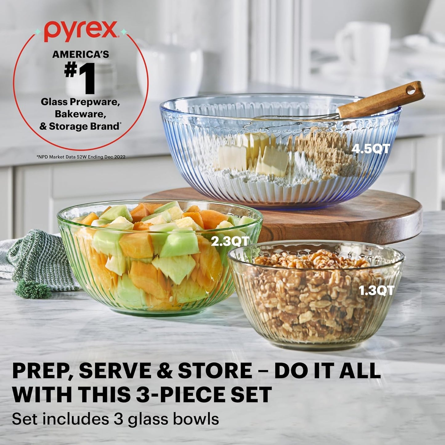 Pyrex Colors (3-Pack, Full Set) Sculpted Tinted Glass Mixing Bowls With Plastic Lids, Nesting Space Saving Set of Bowls For Prepping and Baking, 1.3QT, 2.3QT & 4.5Q, (Pink, Green, Blue)