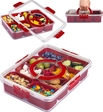 U-QE Dishwasher Safe Snackle Box Container with 8 Small Snacks Box - Premium Ivory Plastic Divided Serving Tray with Lid and Handle for Snack, Veggie, Fruits, Perfect for Party, Picnic, Entertaining