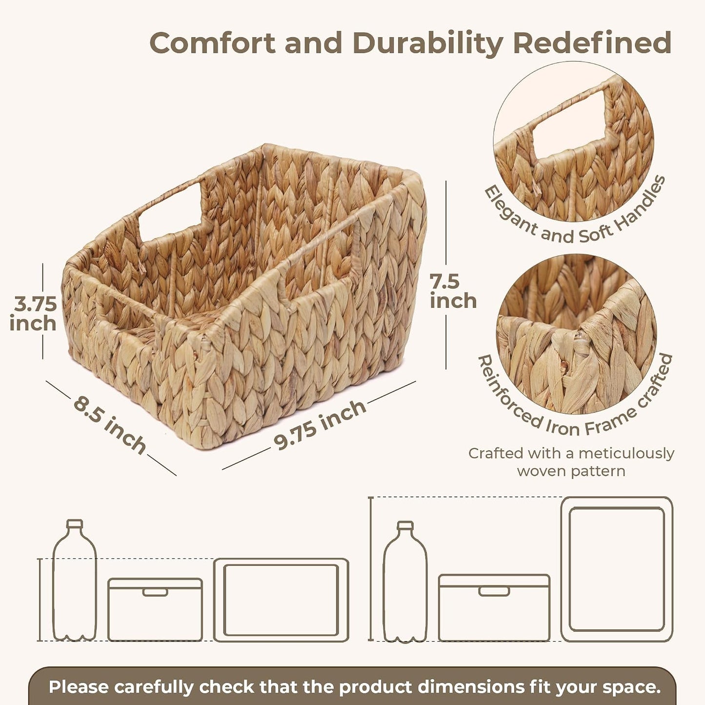KOKODO 2-Pack Open Front Pantry Baskets, Handwoven Water Hyacinth Wicker Storage Baskets with Built-in Handles, Organizing Bins for Shelves
