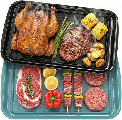 Grilling Prep & Serving Tray, Set of 2 Stackable Plastic BBQ Trays for Raw and Cooked Food, Dishwasher Safe, 17"×10.5" Outdoor Cooking, BBQ Accessories for Parties, Green & Black