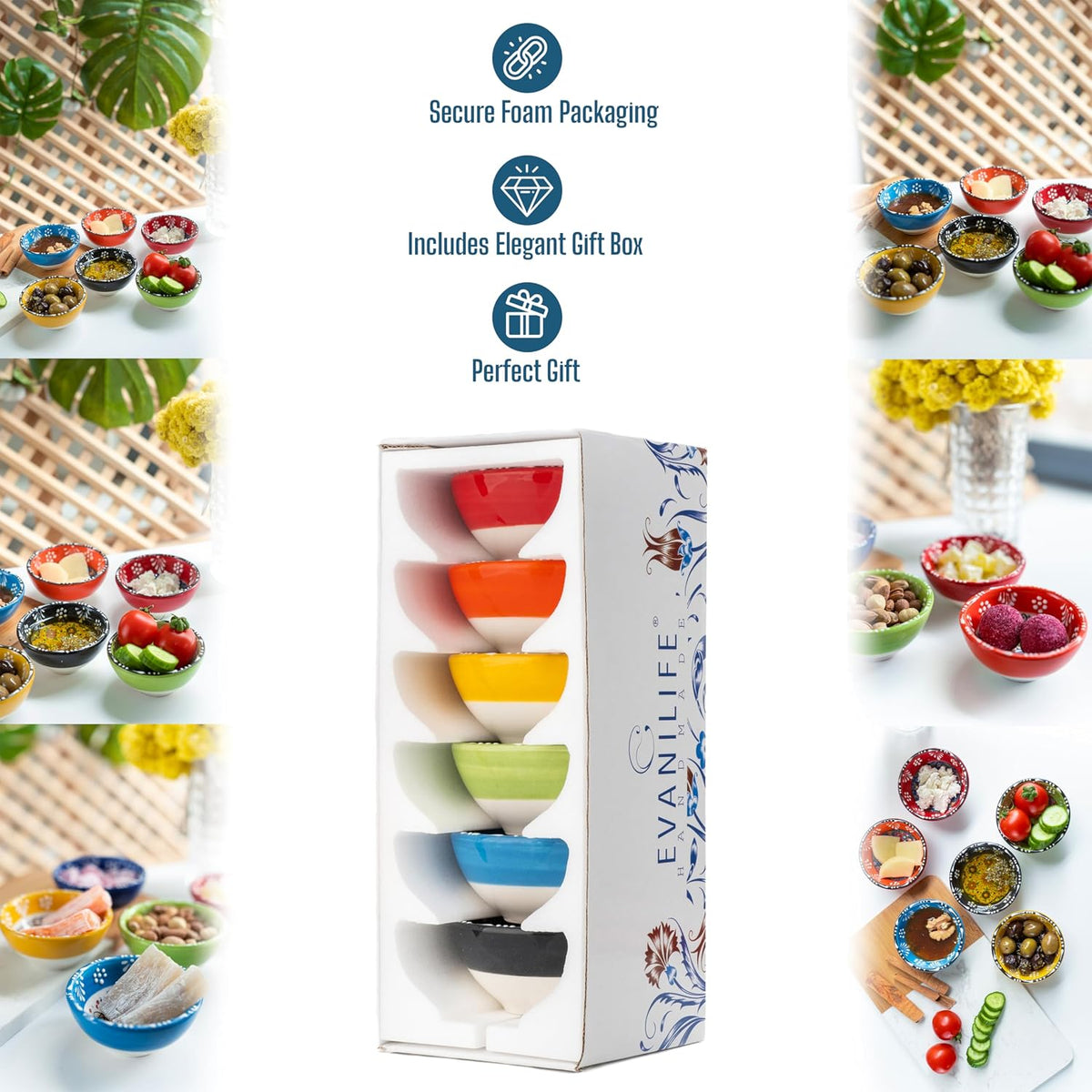 Ceramic Small Dipping Bowls Set of 6, 3.5 Oz Soy Sauce Dish, Handmade Charcuterie, Colorful Pinch, Dishwasher & Microwave Safe, 3.2'' Mini (SULTAN'S GARDEN)