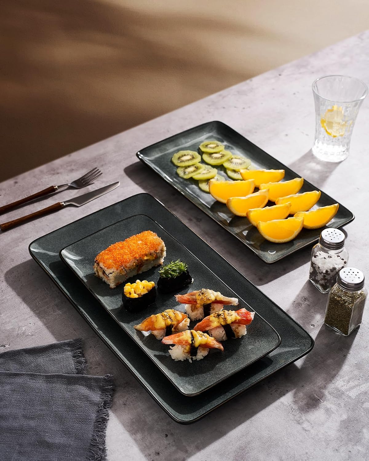 Famiware Serving Platter, Rectangular 15.67/14.1/12.6inch Serving Dishes for Entertaining, Microwave Dishwasher Safe, Stoneware Serving Trays for Party, Turkey, Cheese, Ocean Series, Cappuccino White