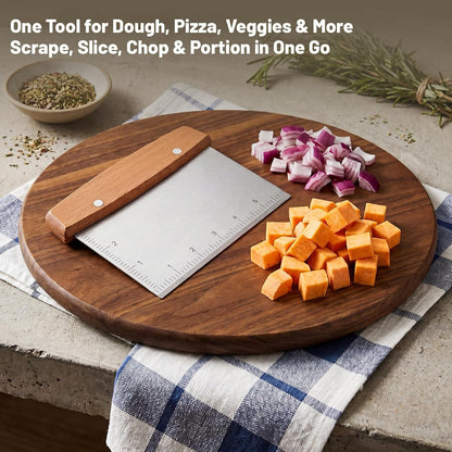 Chumia 2 Pcs Bench Scraper Stainless Steel Dough Cutter with Measurement Marks and Wooden Handle Multipurpose Bread Pizza Food Griddle Scraper Dishwasher Safe for Baking Cooking Pastry Cake