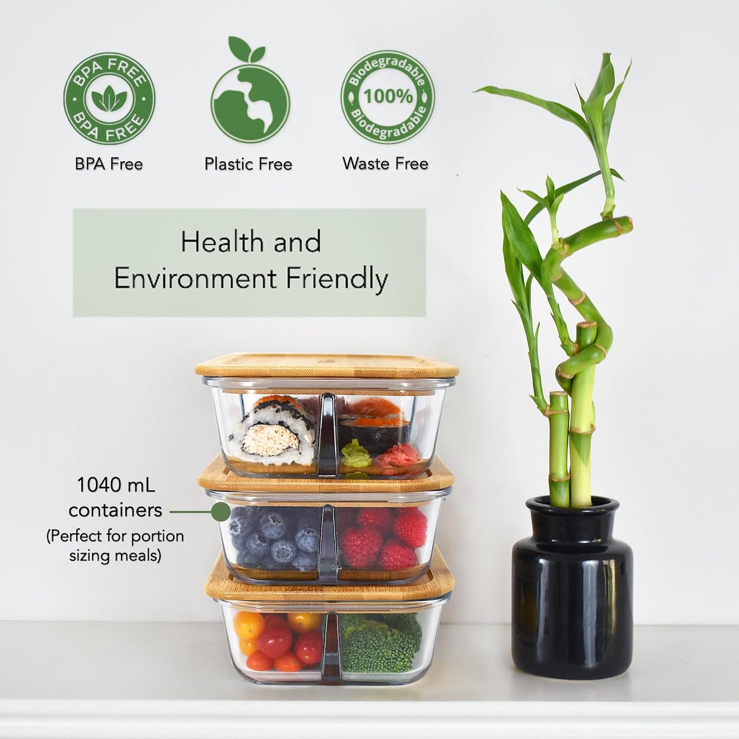EcoPreps Glass Bento Box Containers with Bamboo Lids, 3 Compartment Glass Meal Prep Containers (3 Pack) - 100% Plastic Free, Eco-Friendly Lunch Container Set, Bamboo Lid Bento Boxes for Adults