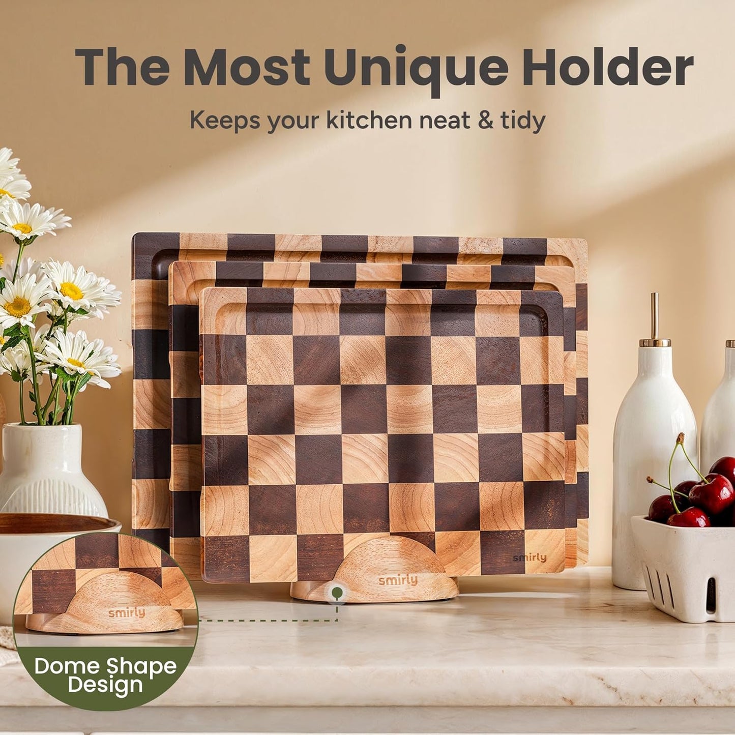 SMIRLY Walnut Cutting Board for Kitchen - Wood Cutting Boards with Handle and Juice Groove for Meal Prep, Serving, Charcuterie - Kitchen Gadgets - Non Toxic Wooden Chopping Board Set of 3 with Holder