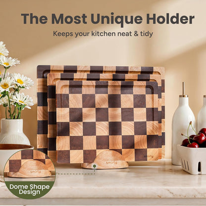SMIRLY Walnut Cutting Board for Kitchen - Wood Cutting Boards with Handle and Juice Groove for Meal Prep, Serving, Charcuterie - Kitchen Gadgets - Non Toxic Wooden Chopping Board Set of 3 with Holder