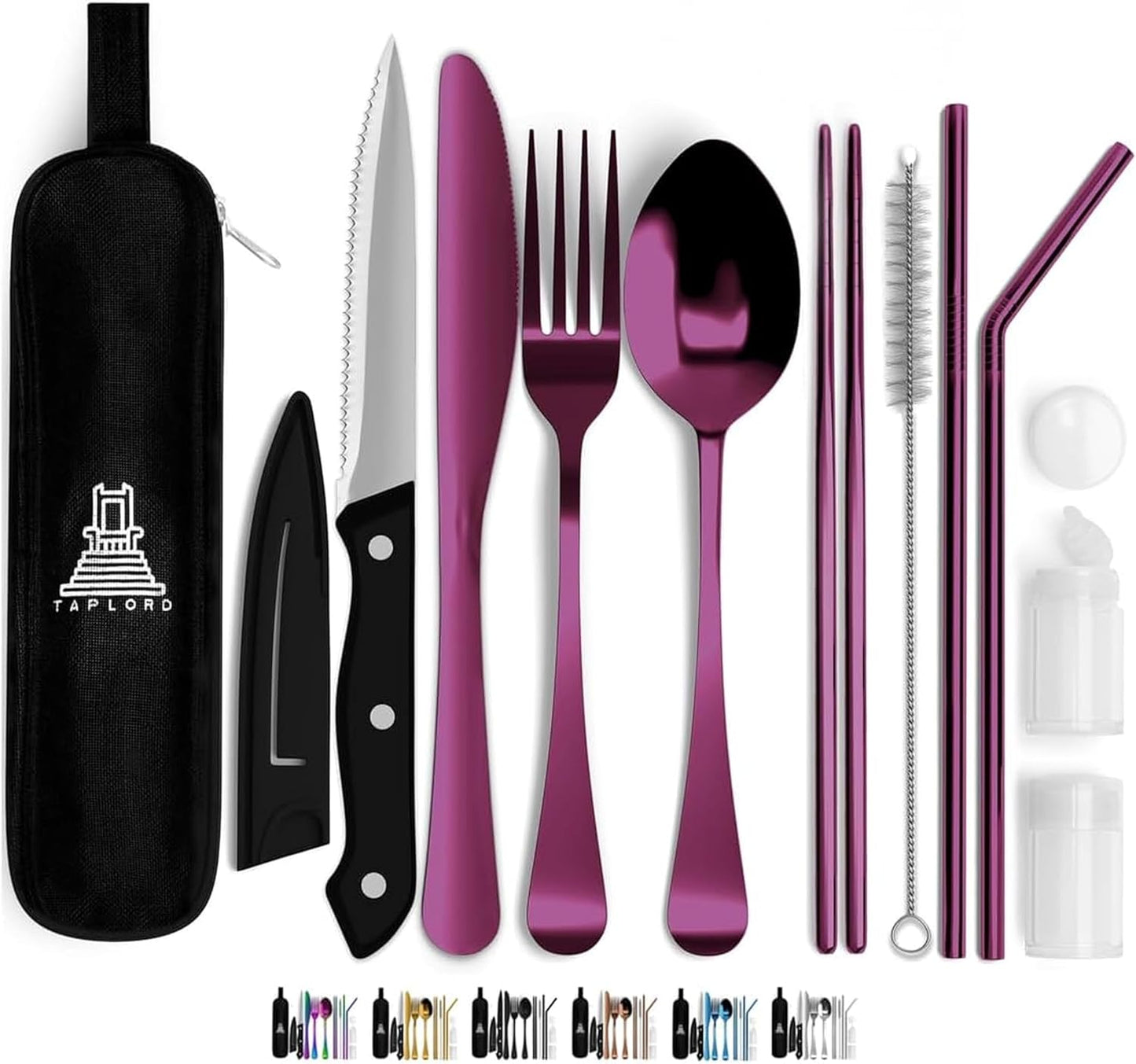 Taplord Portable Travel Silverware Set With Case, Includes 10 Pcs of Travel Utensils With Case, Stainless Steel Flatware Set For Camping, Lightweight (Multi-Color)