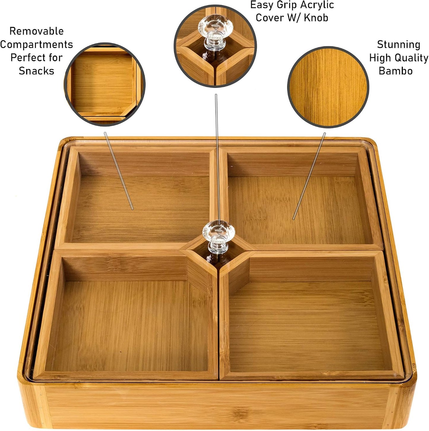 Serving Platter - Bamboo Divided Serving Tray with Lid & Removable Dividers - Great Veggie Tray Serving Dish, Candy Bowl, Serving Trays for Party, Taco Dip Parties Platters, & Chip Bowls for Parties!