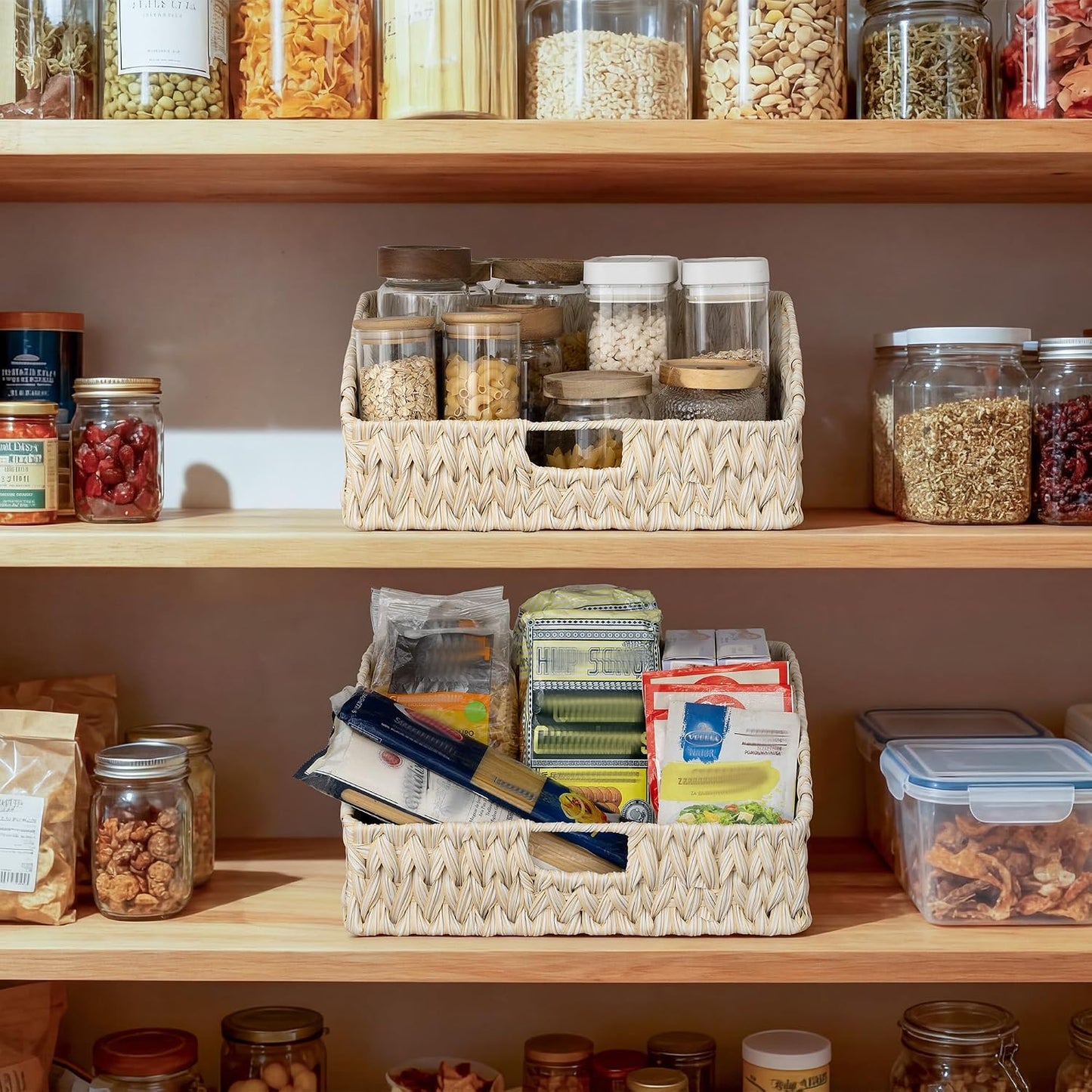 GRANNY SAYS Wicker Storage Baskets for Shelves, Trapezoid Woven Basket with Handles, Storage Wicker Baskets for Pantry, Water Hyacinth, 2-Pack