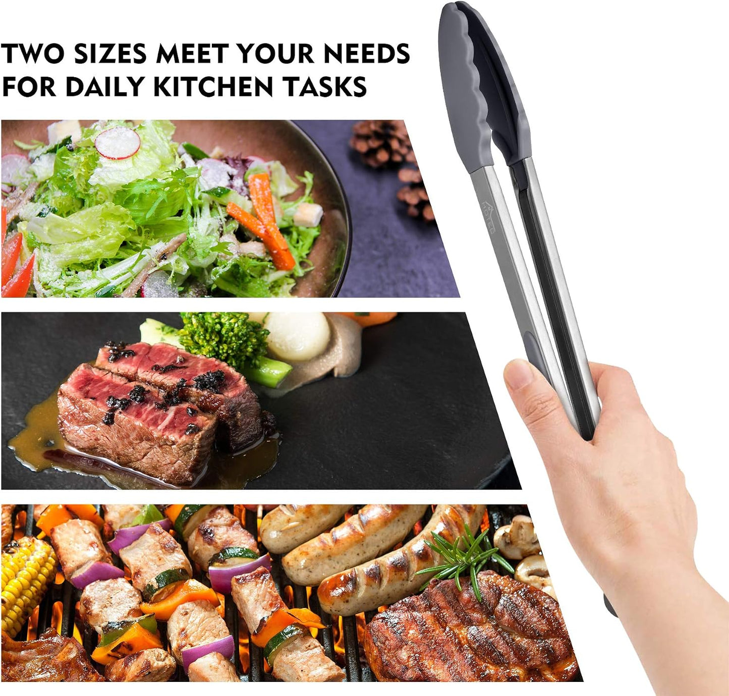 HOTEC Premium Stainless Steel Locking Kitchen Tongs with Silicon Tips, Set of 2-9" and 12"