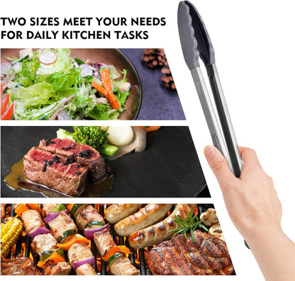 HOTEC Premium Stainless Steel Locking Kitchen Tongs with Silicon Tips, Set of 2-9" and 12"