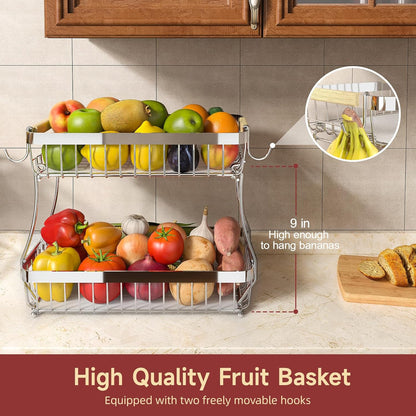 Sevenblue 2 Tier Large Fruit Basket for Kitchen Counter with 2 Mobile Banana Hangers, 2026 Pro Detachable Metal Fruit Bowl with Wooden Handle, Fruit Holder for Bread Snack Veggies with Protective Mats