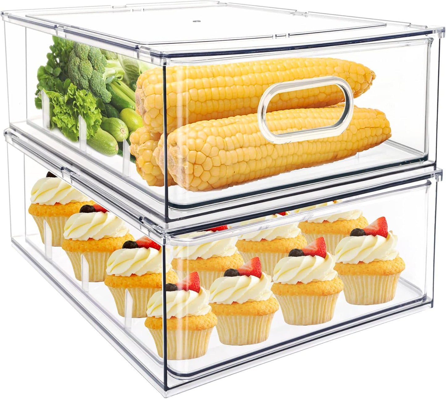 Mano Stackable Fridge Drawers Pull Out Bins with Handle Clear Refrigerator Drawers Organizer Food Storage Container Box with Dividers Plastic Produce Saver for Pantry, Cabinet, Kitchen, Clothes（7Pack）