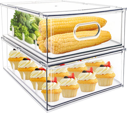 Mano Stackable Fridge Drawers Pull Out Bins with Handle Clear Refrigerator Drawers Organizer Food Storage Container Box with Dividers Plastic Produce Saver for Pantry, Cabinet, Kitchen, Clothes（7Pack）