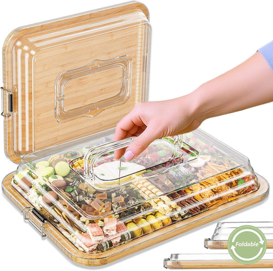 Charcuterie Boards with Foldable Lid, Portable Bamboo Cheese Board with Single Compartments, Clear Locking Lid and Handle, Easy to Store, Suitable for Picnics, Camping, Parties