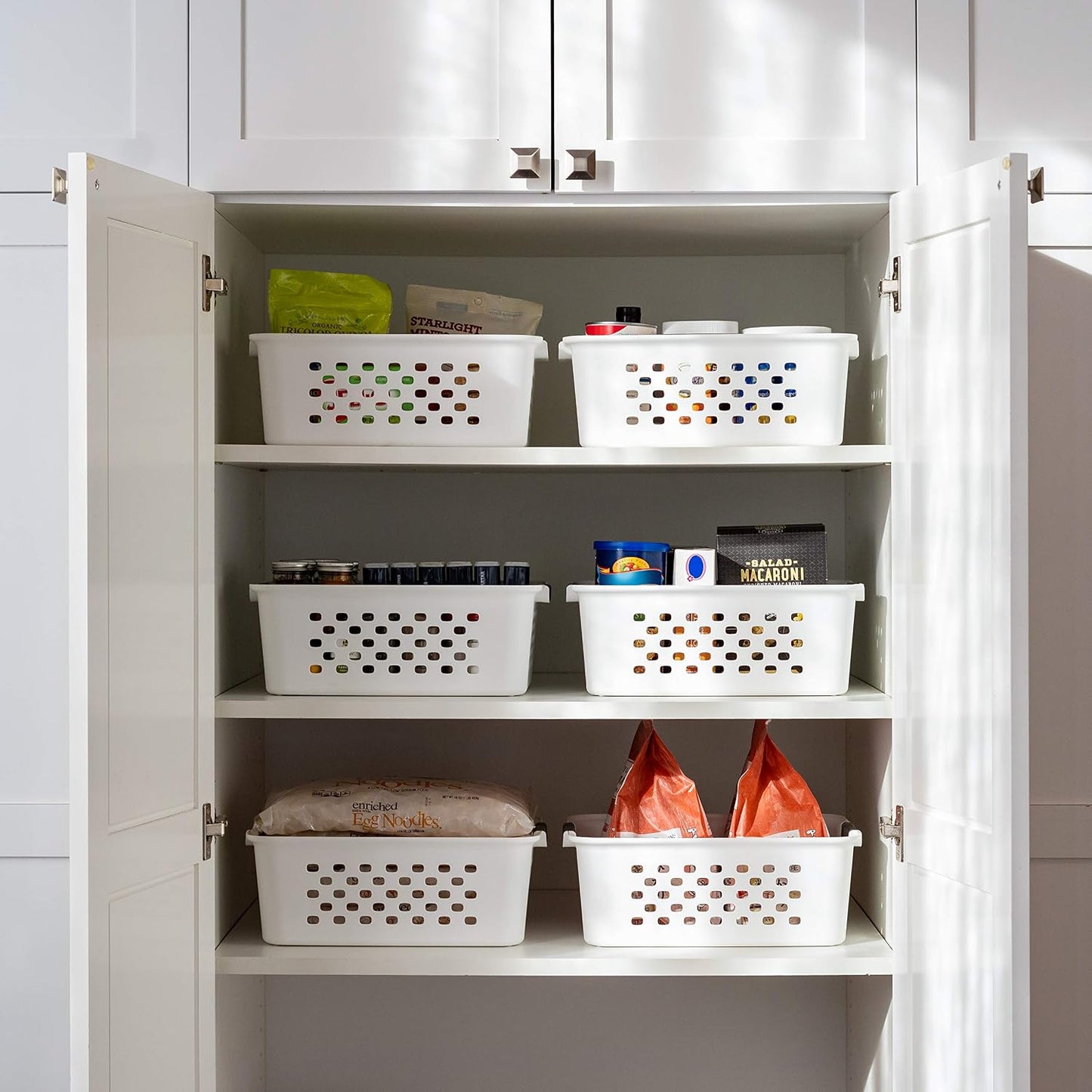 IRIS USA Plastic Storage Baskets, 6-Pack, Made in USA, Shelf Baskets Small Baskets Organizing Bins for Pantry Countertops Closet Shelves Laundry Room Office, Multi-Purpose, Nestable, Easy Carry, Black