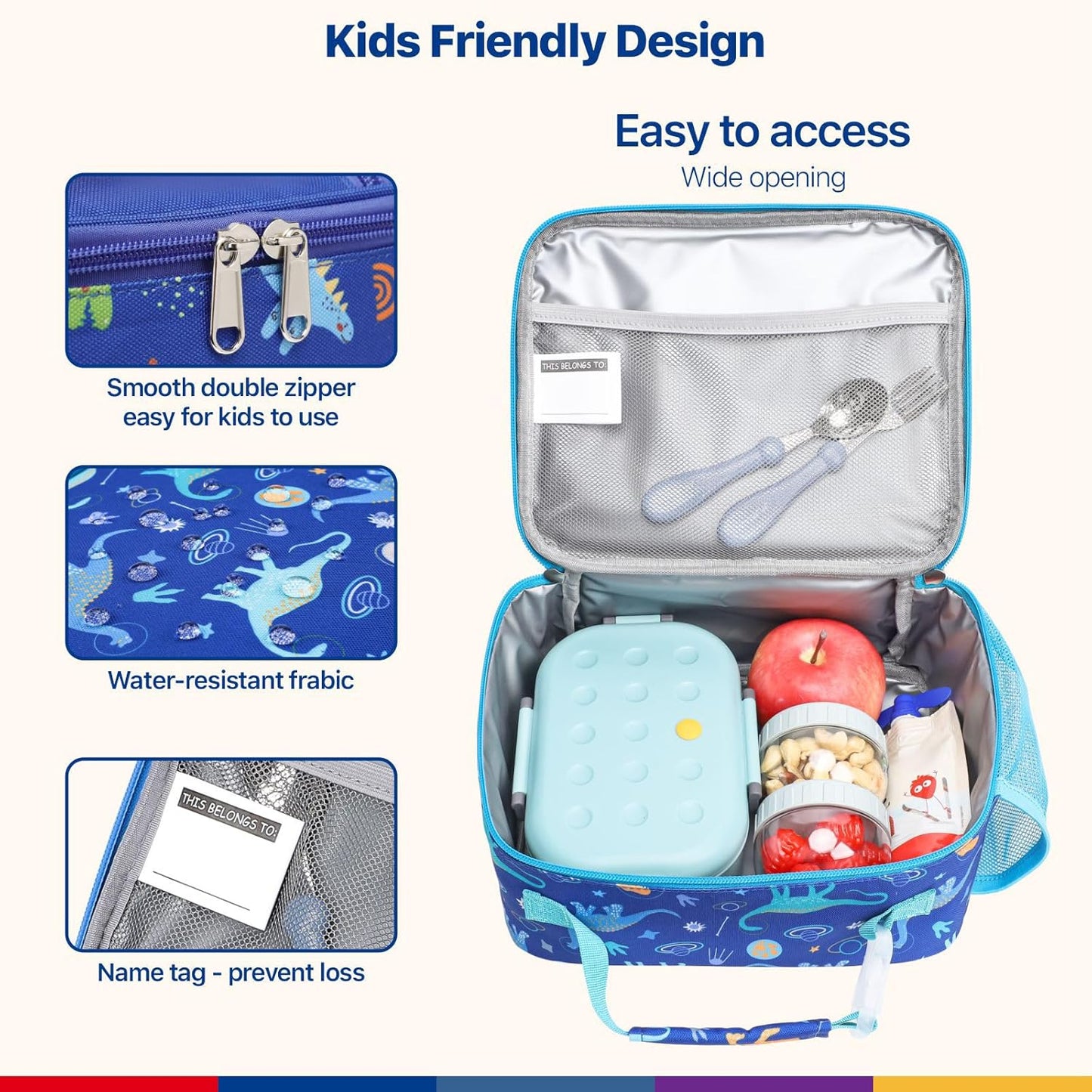 Bagseri Kids Lunch Bag Boys - Thermal Insulated Lunch Box Tote with Water Bottle Holder, Reusable Leak-Proof Kids Lunch Box for Daycare & School, Black Dinosaur (Containers Not Included)