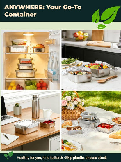 Stainless Steel Food Storage Containers Set, Airtight with Vacuum Seal, Set of 3 (22/44/82 oz), Stackable, Dishwasher & Freezer Safe for Meal Prep and Leftovers Storage