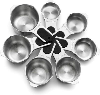 Spring Chef Stainless Steel Measuring Cups Set of 7 with Pour Spout - Nesting Kitchen Tools with Easy Read Markings to Measure Dry or Liquid Ingredients - Metal Measuring Cups for Baking & Cooking