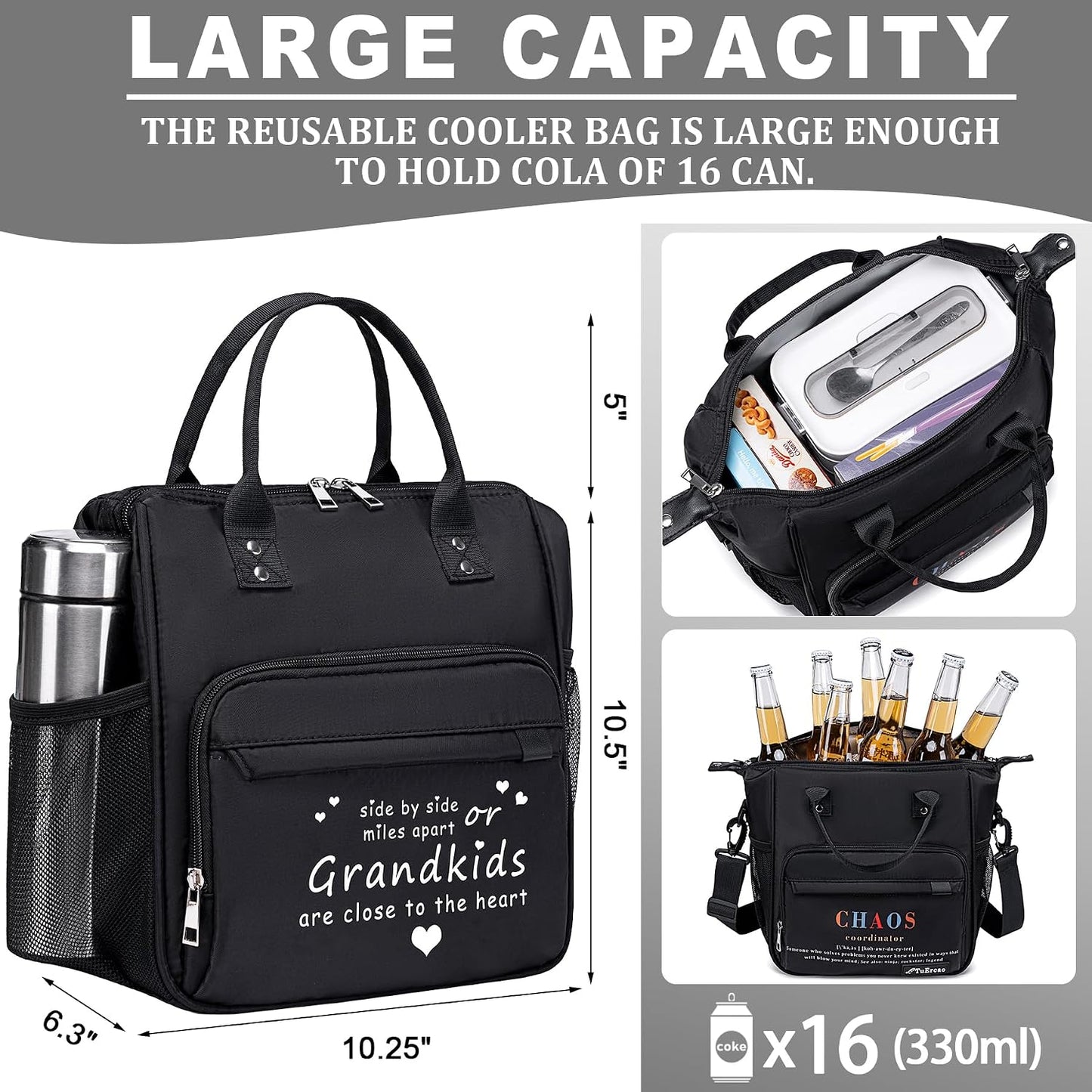 TuErCao Small Lunch Bag Lightweight Insulated Lunch Box for Women Work Portable Soft Cooler for Picnic Travel Road Trips, Loncheras para Mujer, Black