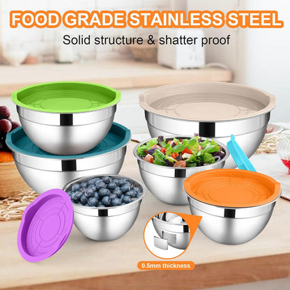 LIANYU Stainless Steel Mixing Bowls Sets of 6, Large 7, 3.5, 2.5, 2, 1.5, 1QT Size with Transparent Airtight Lids, Metal Nesting Serving Bowl Sets for Home Kitchen, Dishwasher & Freezer Safe, Black