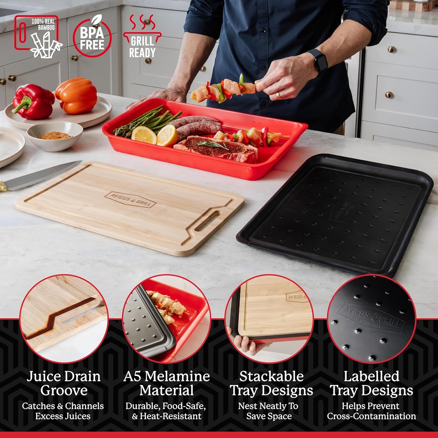 AVIEUS Grill Prep and Serve Trays | Set of 2 Stackable, Melamine Trays | Serving Tray & Marinating Tray | Serving Platter for Plating Food & BBQ Prep Tub for Marinating Meats | Grill Accessories |