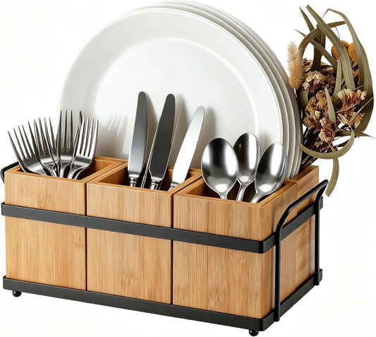 Silverware Caddy Wood Utensil Holder 4-in-1 Bamboo Utensil Caddy with Removable Divider Portable Kitchen & Dining Organizer for Forks, Napkins, Plates, BBQ, Picnic, Camping Countertop Organizing