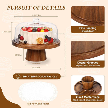 Bellsal Cake Stand with Dome Lid, 12in Acacia Wood Cake Plate with Cover, Wooden Cake Display Stand with Acrylic Dome, Cake Decorating for Baking Gift