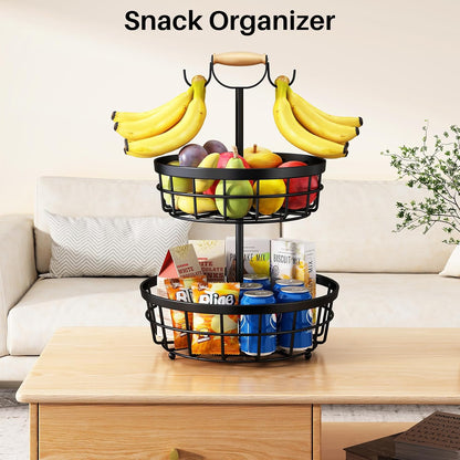 SAYZH 2-Tier Fruit Basket Bowl Vegetable Storage with 2 Banana Tree Hanger and Wood Lift Handle, Kitchen Countertop Metal Wire Basket for Bread Onions Potatoes (Black, 2 Tier)