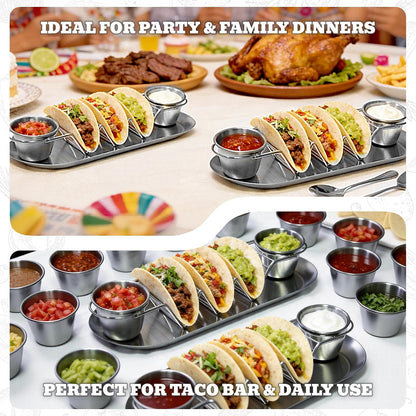 Stainless Steel Taco Holder Tray Set of 2, Taco Rack Holds 3 Tacos Each with Serving Tray, Sauce Cups & Spoon, Oven & Dishwasher Safe for Taco Night & Parties (Gold-2 Pack)