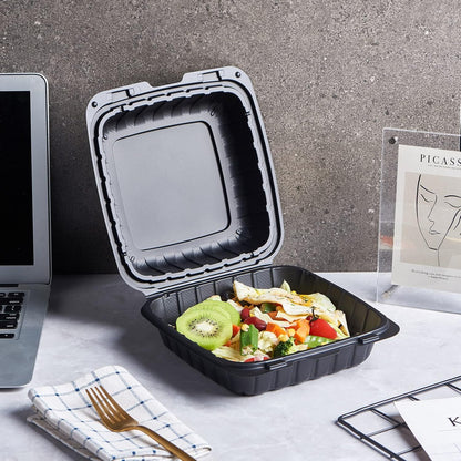8X8 3-Compartment 50-Pack Plastic Clamshell Takeout Food Trays Heavy Duty Togo Disposable Box Carryout Meal Prep Packaging Catering Hinged Containers With Secure Snap Lid (Formerly FULING)