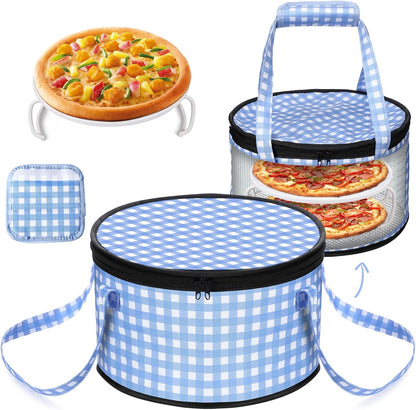 Pickmesh Round Pie Carrier 12 x 7 Inch Insulated Casserole Carriers with Lid and Detachable Handle Cake Carrier for Hot or Cold Food Transport Thanksgiving Christmas Gift (Blue and White Plaid)