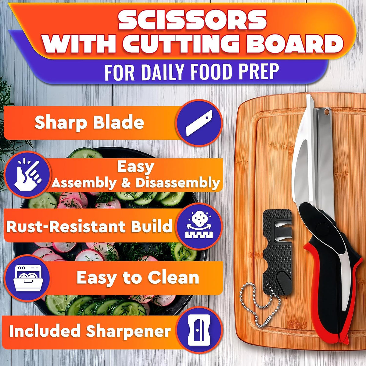 2 in 1 Kitchen Scissors for Food with Knife Sharpener (Grey)